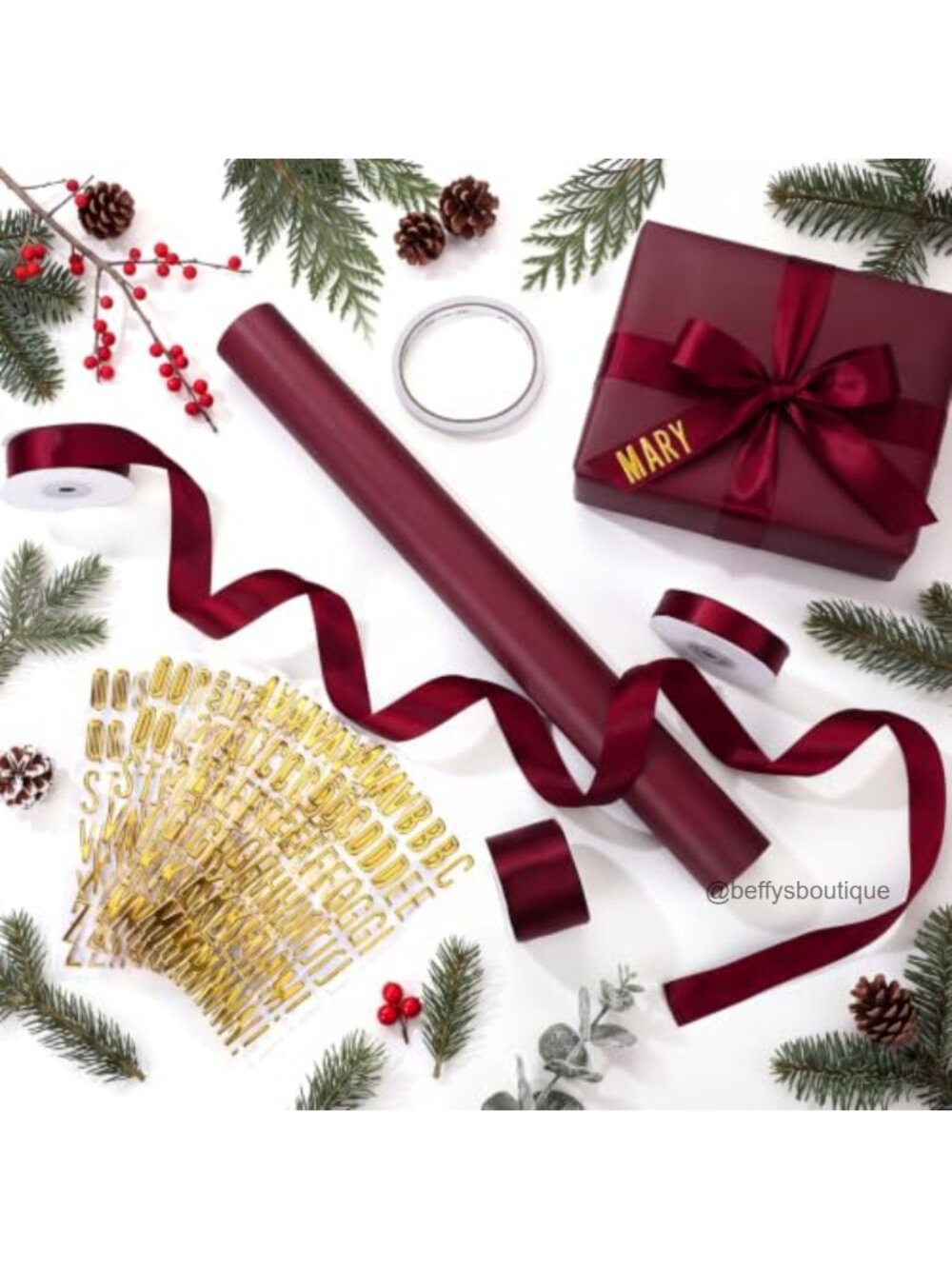 Christmas Wrapping Paper Set with Satin Ribbon & 3D Gold Letter Stickers